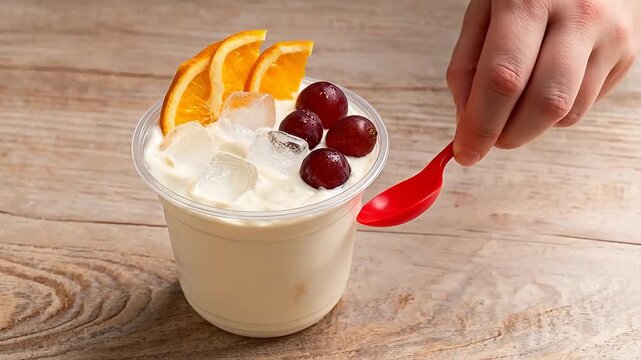 Hand Reaching for Red Spoon Next to Fruit Yogurt Parfait with Orange Slices and Grapes on Wooden Table