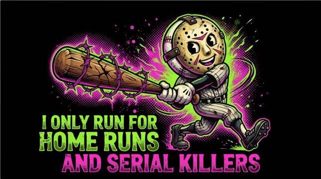 Funny halloween baseball mascot wearing a hockey mask swinging a barbed wire bat with the quote I Only Run For Home Runs And Serial Killers, neon print on demand vector.