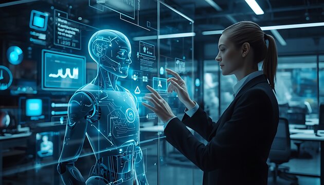 A businesswoman interacts with a futuristic robot in a modern office setting with digital screens