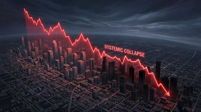 Cityscape with Red Downward Graph and Systemic Collapse Text