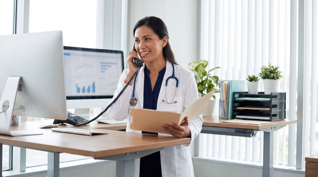 Female Doctor Talking on Phone at Standing Desk