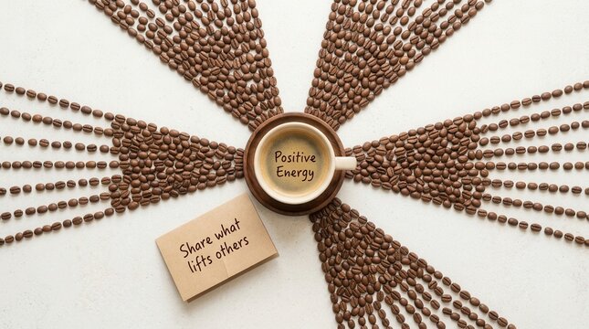 Cup of espresso coffee with positive energy text and sunburst rays of beans with inspirational message card, representing daily motivation and wellness for healthy morning lifestyle and success