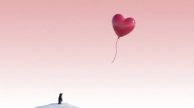 Penguin Watching a Heart Balloon Float Away