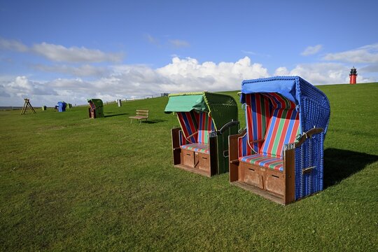 Beach chairs on the island of Pellworm, Schleswig-Holstein Wadden Sea National Park, North Frisia, Germany
