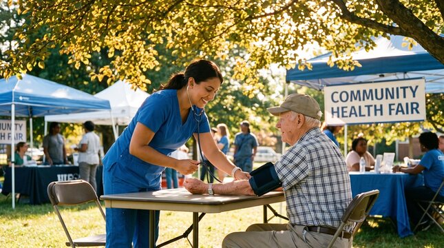 Nurse Checking Senior Man's Blood Pressure at Outdoor Health Fair
