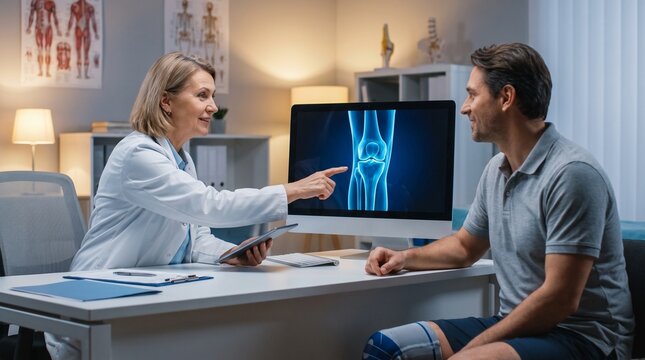 Doctor Explaining Knee Joint X-Ray to Male Patient