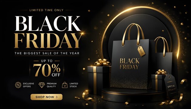 Black Friday Luxury Dark Background with Golden Sale Elements