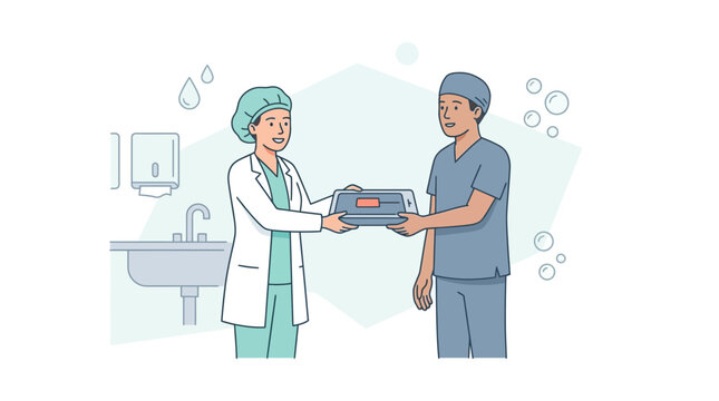 Medical professionals in scrubs and lab coat exchange sterilized equipment in a clean clinic setting