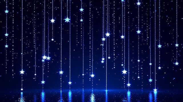 Falling Sparkling Stars on Deep Blue Background with Reflective Surface - Seamless Loop Animation