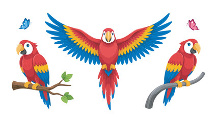 Colorful illustration of macaw parrots sitting on branches and flying with butterflies around © abdur