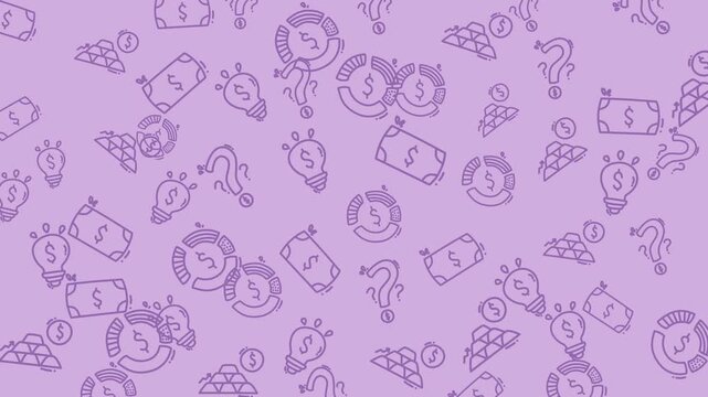 Seamless pattern background with financial business icons on a soft purple background.