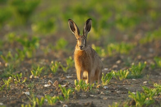 European brown hare (Lepus europaeus) adult animal in a farmland sugar beet crop, Suffolk, England, United Kingdom