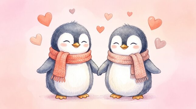Cute Penguin Couple Holding Hands with Hearts