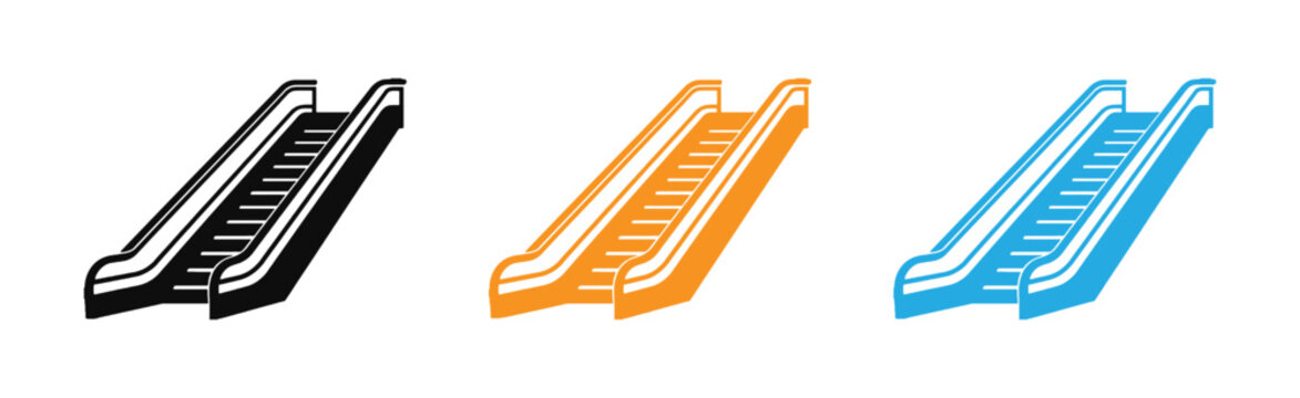 Escalator Icon Vector Set featuring Black, Orange, and Blue Moving Staircase Symbols Isolated on a White Background for Shopping Mall, Airport, Public  .Transportation, and Navigation Signage Graphic 