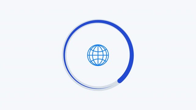 Minimal flat vector animation of a blue circular progress indicator surrounding a globe icon, clean white background, and smooth loading motion for digital interface concepts.