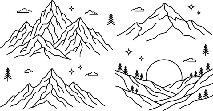 Mountain vector icon set featuring peak landscape sunset pine tree line art isolated on white background coloring illustration
