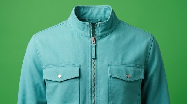 Teal blue zip up jacket with chest pockets on green background