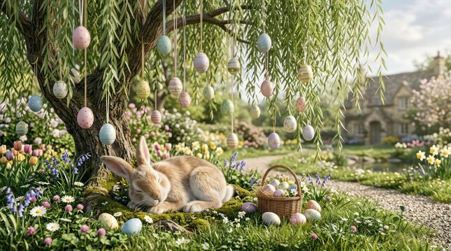 Cute rabbit sleeping in a garden with hanging easter eggs