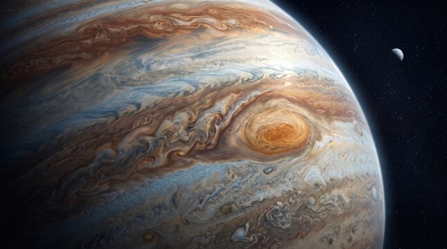 Stunning view of a massive gas giant exoplanet in deep space with swirling atmospheric bands and a distant moon against a starry cosmos background.