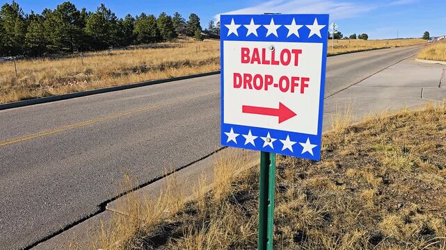 Close view of a patriotic ballot drop-off sign beside a quiet suburban road, showing red text, white stars, blue trim, and an arrow toward the official voting site in daylight.
