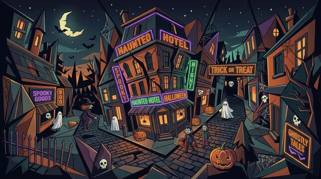 Cartoon halloween street with neon signs and trick or treaters