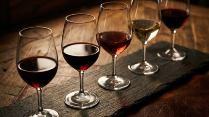 Obraz premium Wine Tasting Journey: A refined selection of wine glasses, showcasing rich red and crisp white varieties, are elegantly arranged on a slate board, inviting a sophisticated tasting experience.