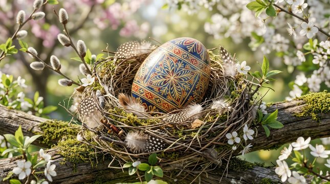 Ornate blue and gold easter egg in a nest with spring blossoms
