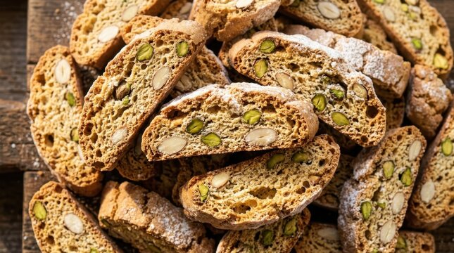 Traditional Italian cantucci biscotti with crunchy whole almonds and green pistachios on rustic wooden boards are perfect for sweet coffee time and holiday desserts, showcasing authentic gourmet