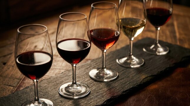 Wine Tasting Journey: A refined selection of wine glasses, showcasing rich red and crisp white varieties, are elegantly arranged on a slate board, inviting a sophisticated tasting experience.