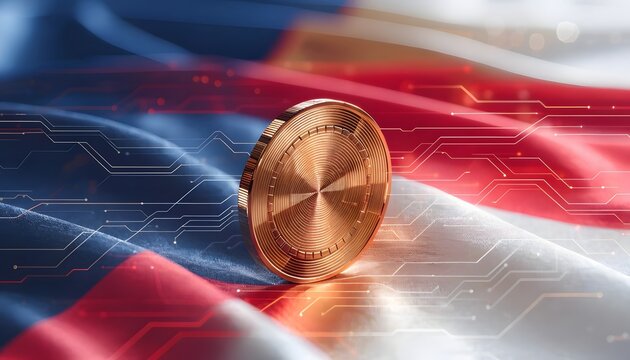 Decentralized finance regulation and secure blockchain network architecture. Sovereign digital identity systems. Single golden cryptocurrency token placed over a wavy silk national flag