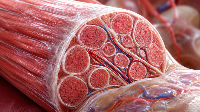 Skeletal muscle bundle cross section showing fascia, fiber, and blood vessel anatomy in detailed macro biological illustration