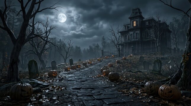 Eerie graveyard path leading to a haunted house at night