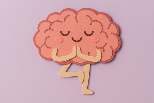 Paper cut brain character meditating in yoga tree pose, hands pressed together, eyes closed, calm expression, promoting mental health and mindfulness on lavender background