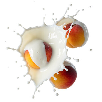 fresh peaches in a splash of milk or yogurt on a white background