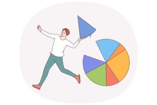 Businessman takes market segment from pie chart and happily runs away demonstrating business dexterity. Successful guy gains market segment thanks to professionalism and ability to predict future