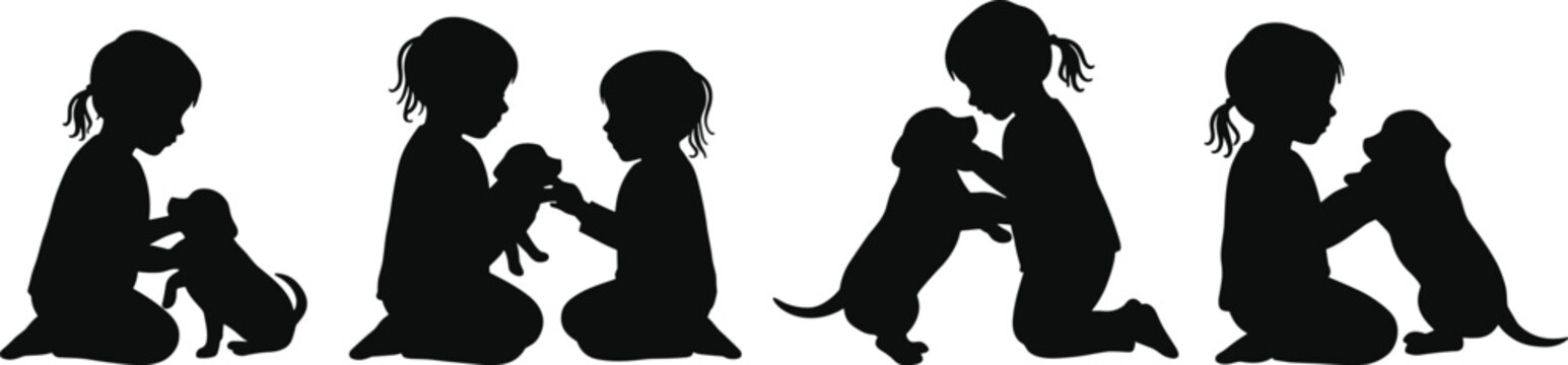 Children with Puppy Silhouette Bundle Collection for Kids Pet Friendship Vector Clipart and Family Designs