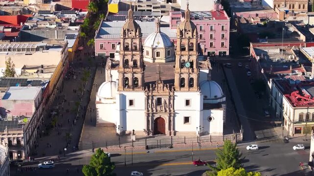 A high-precision zenith aerial view capturing the intricate, symmetrical architectural details of the Cathedral Basilica of Durango.