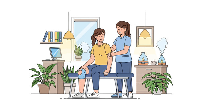 Physical therapist assisting patient with arm exercise in clinic.