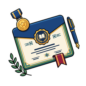 World Teachers Day certificate icon. Academic achievement diploma with medal and pen.