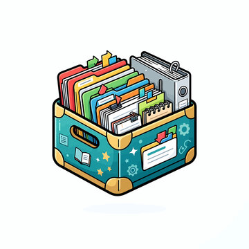 Educational archive box with documents. School supplies storage for organized classroom.