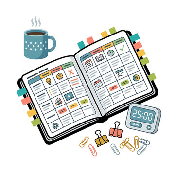 Teacher lesson planner with coffee mug. Academic schedule organizer for school planning.