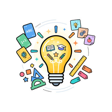 World Teachers Day light bulb icon. Educational school supplies and learning symbols set.