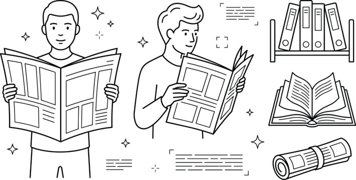 Reading vector icon set featuring man newspaper book binder shelf roll line art isolated on white background illustration