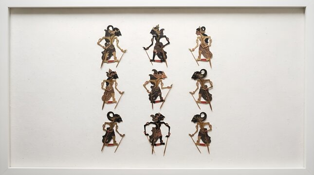 A collection of nine traditional Javanese Wayang Kulit shadow puppets framed.