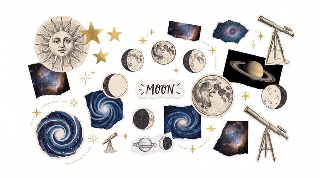Vintage astronomy sticker set with moon phases and celestial sun, antique space illustrations of galaxies and telescopes, mystical cosmic scrapbooking elements