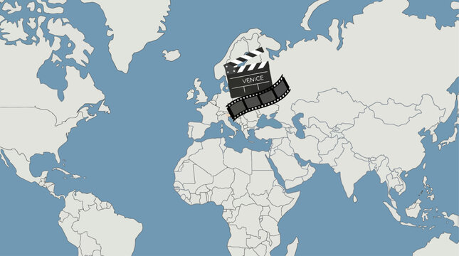A flat design illustration highlighting Venice, Italy, as a key global destination for the International Film Festival, marked by a map pin with cinematic elements. 
