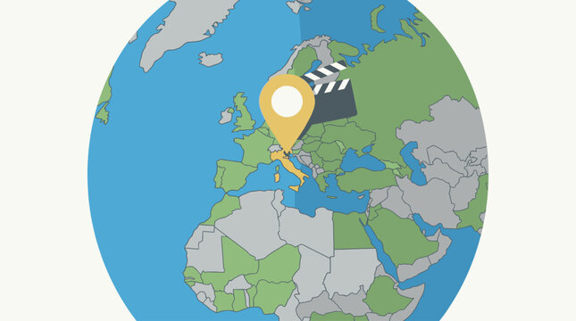 A flat design illustration highlighting Venice, Italy, as a key global destination for the International Film Festival, marked by a map pin with cinematic elements. 