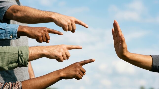 Accusing hands pointing at a single palm showing a stop gesture against a clear blue sky, symbolizing resistance to social pressure, bullying, and judgmental behavior in a diverse modern environment.