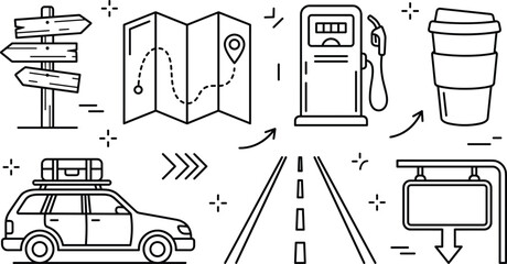 Road trip travel line icons set with car map gas station signpost coffee cup and highway vector elements © Hafizul