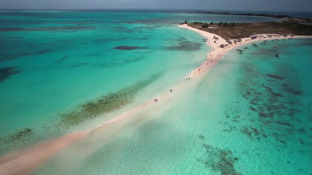 Drone aerial dolly out of Cayo de Agua tropical sandbar